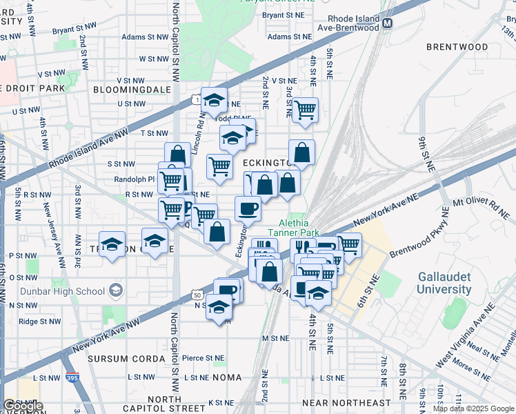 map of restaurants, bars, coffee shops, grocery stores, and more near 1625 Eckington Place Northeast in Washington