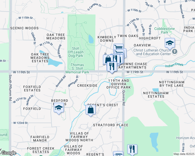 map of restaurants, bars, coffee shops, grocery stores, and more near 11920 Oakmont Street in Overland Park