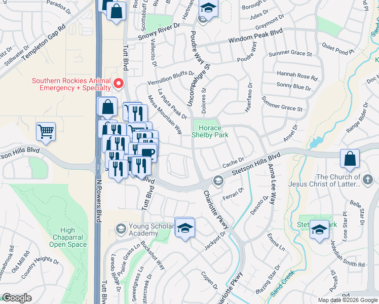map of restaurants, bars, coffee shops, grocery stores, and more near 6255 Prairie Hills View in Colorado Springs