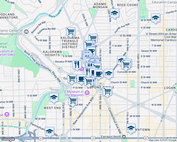 map of restaurants, bars, coffee shops, grocery stores, and more near 2009 Hillyer Place Northwest in Washington