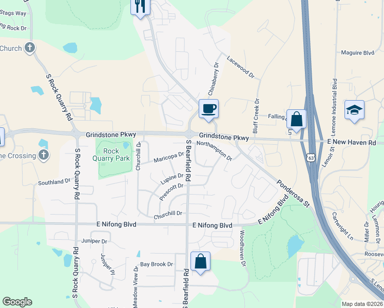 map of restaurants, bars, coffee shops, grocery stores, and more near 2305 Solano Court in Columbia