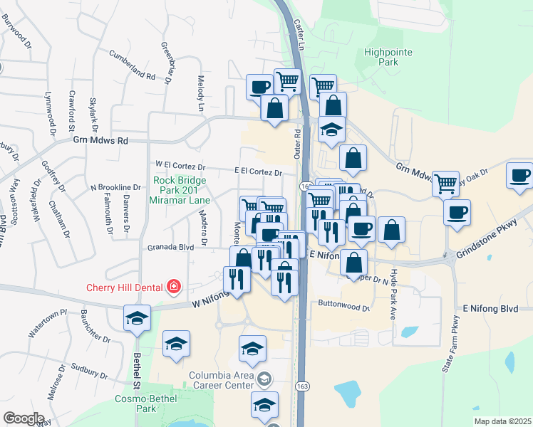 map of restaurants, bars, coffee shops, grocery stores, and more near 3605 South Providence Road in Columbia