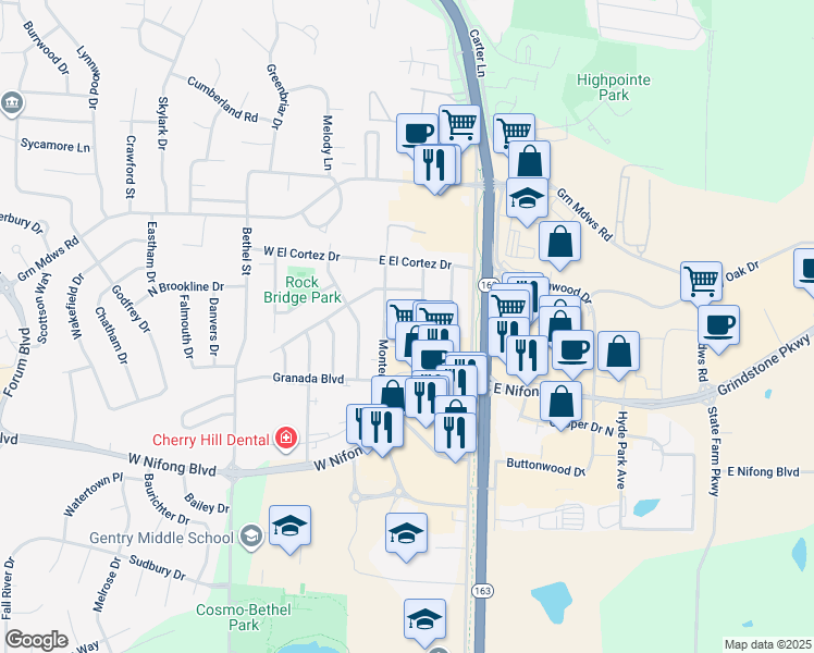 map of restaurants, bars, coffee shops, grocery stores, and more near 3606 Monterey Drive in Columbia
