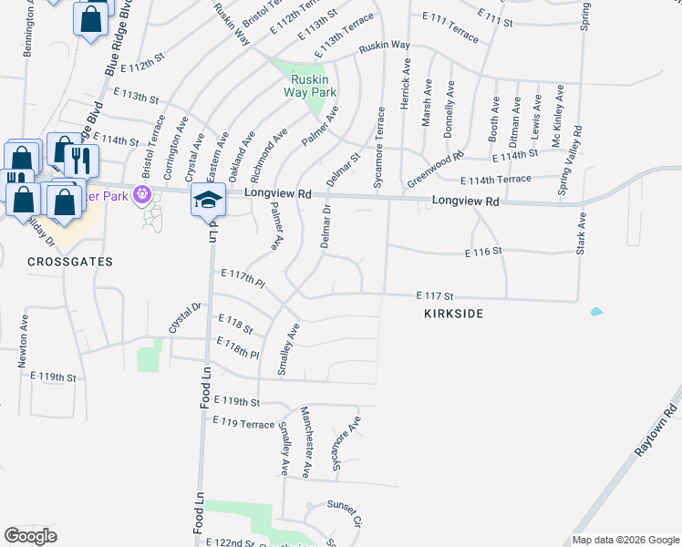 map of restaurants, bars, coffee shops, grocery stores, and more near 7904 East 117 Street in Kansas City