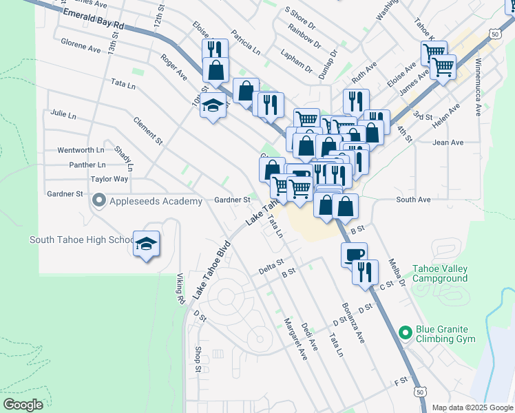 map of restaurants, bars, coffee shops, grocery stores, and more near 1901 Lake Tahoe Boulevard in South Lake Tahoe