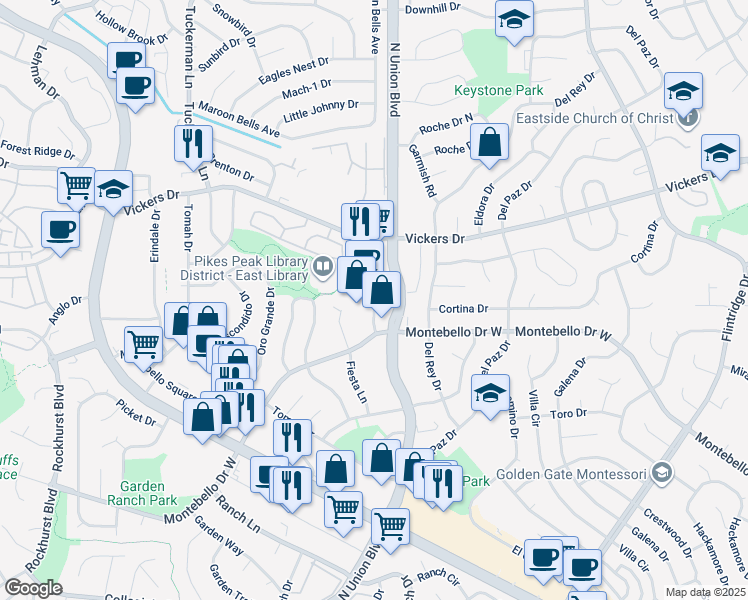 map of restaurants, bars, coffee shops, grocery stores, and more near 5025 North Academy Boulevard in Colorado Springs