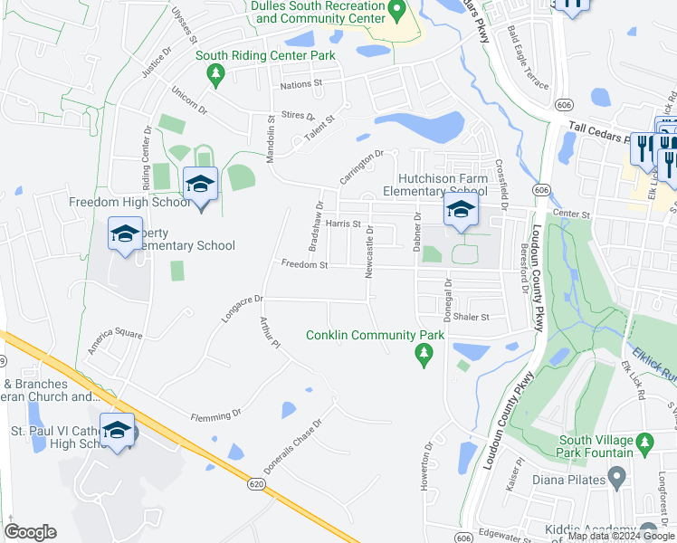 map of restaurants, bars, coffee shops, grocery stores, and more near 42671 Freedom Street in Chantilly