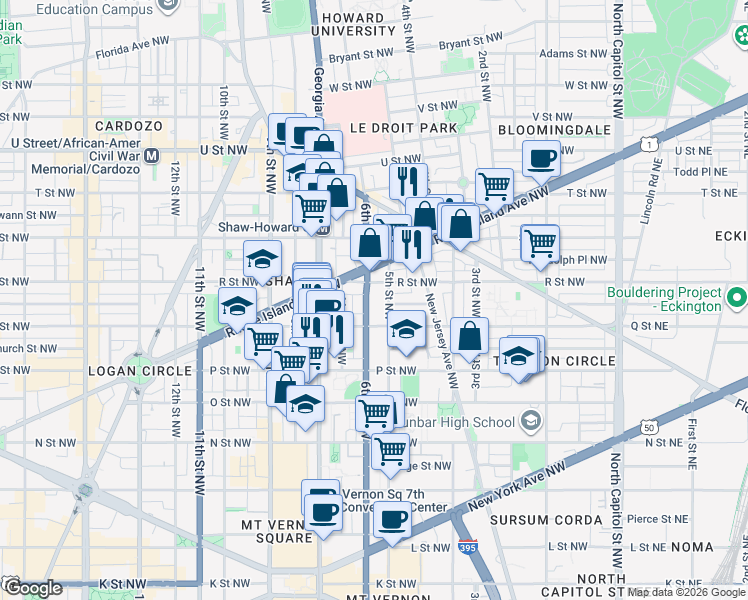 map of restaurants, bars, coffee shops, grocery stores, and more near 1631 6th Street Northwest in Washington