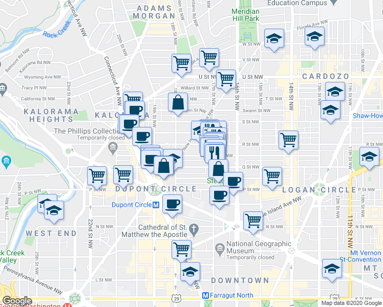 map of restaurants, bars, coffee shops, grocery stores, and more near 1751 Corcoran Street Northwest in Washington