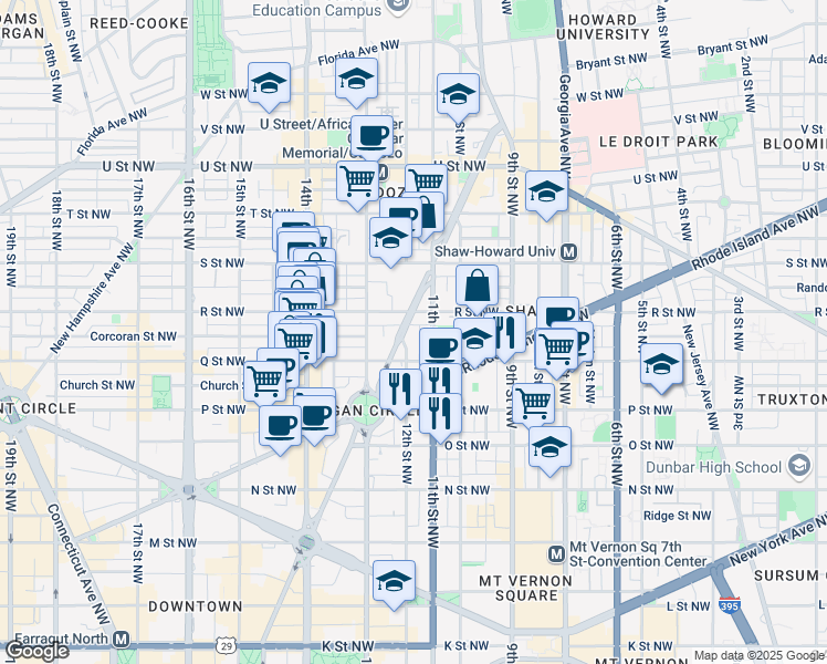 map of restaurants, bars, coffee shops, grocery stores, and more near 1627 12th Street Northwest in Washington