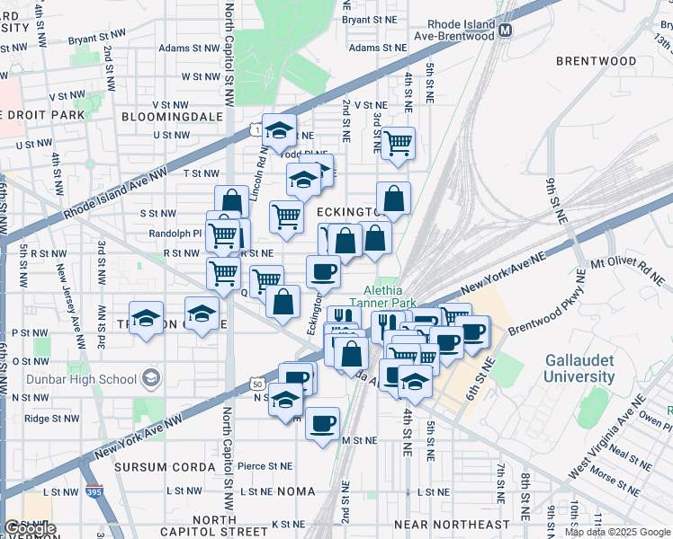 map of restaurants, bars, coffee shops, grocery stores, and more near 1625 Eckington Place Northeast in Washington