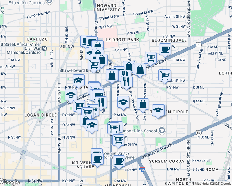 map of restaurants, bars, coffee shops, grocery stores, and more near 1626 5th Street Northwest in Washington