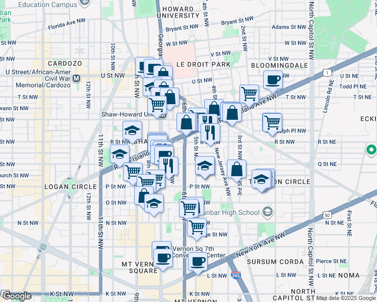 map of restaurants, bars, coffee shops, grocery stores, and more near 1631 6th Street Northwest in Washington