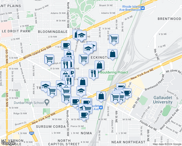 map of restaurants, bars, coffee shops, grocery stores, and more near 146 Quincy Place Northeast in Washington