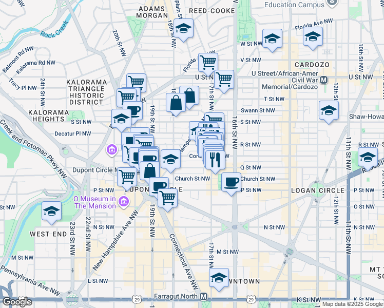 map of restaurants, bars, coffee shops, grocery stores, and more near 1741 Corcoran Street Northwest in Washington