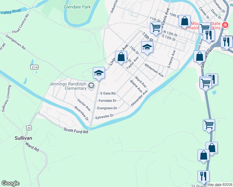 map of restaurants, bars, coffee shops, grocery stores, and more near 1741 S Davis Ave in Elkins