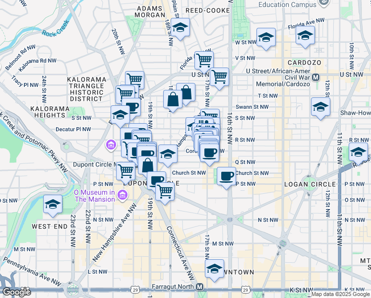 map of restaurants, bars, coffee shops, grocery stores, and more near 1751 Corcoran Street Northwest in Washington