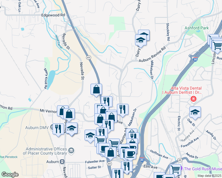 map of restaurants, bars, coffee shops, grocery stores, and more near 641 Dorothy Way in Auburn