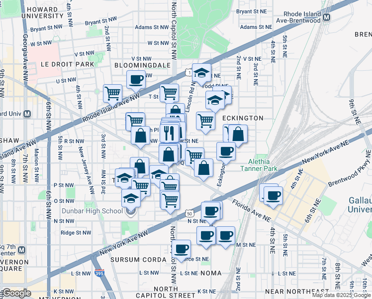 map of restaurants, bars, coffee shops, grocery stores, and more near 18 Quincy Place Northeast in Washington