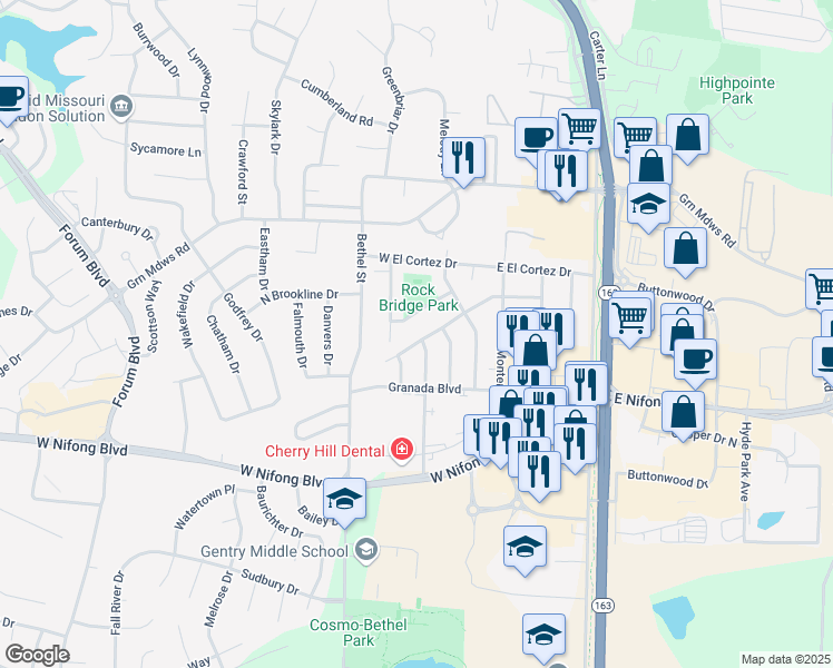 map of restaurants, bars, coffee shops, grocery stores, and more near 203 West Alhambra Drive in Columbia