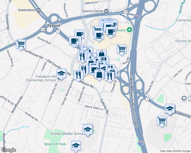 map of restaurants, bars, coffee shops, grocery stores, and more near 2834 Cedarest Road in Fairfax