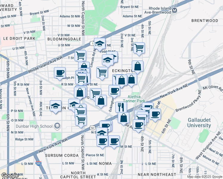 map of restaurants, bars, coffee shops, grocery stores, and more near 146 Quincy Place Northeast in Washington