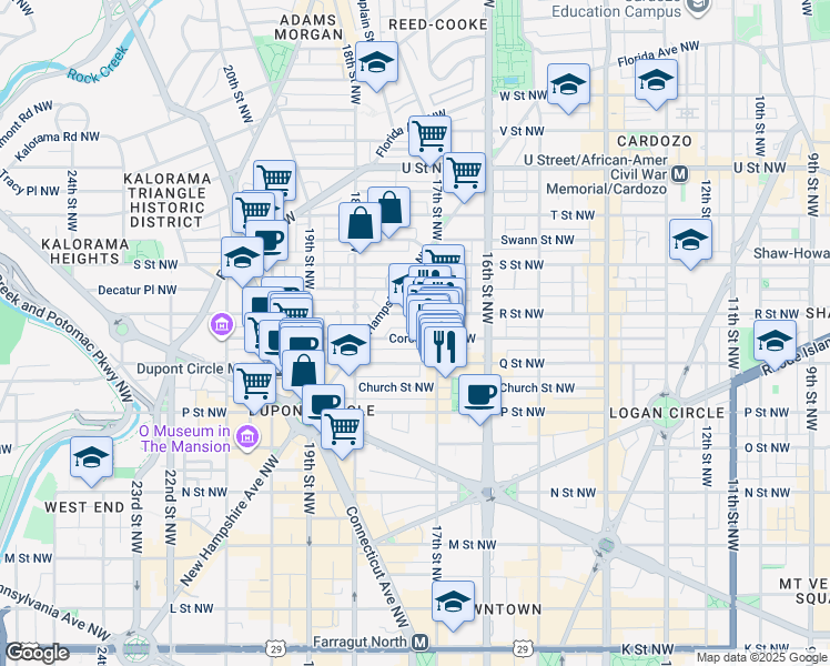 map of restaurants, bars, coffee shops, grocery stores, and more near 1719 Corcoran Street Northwest in Washington