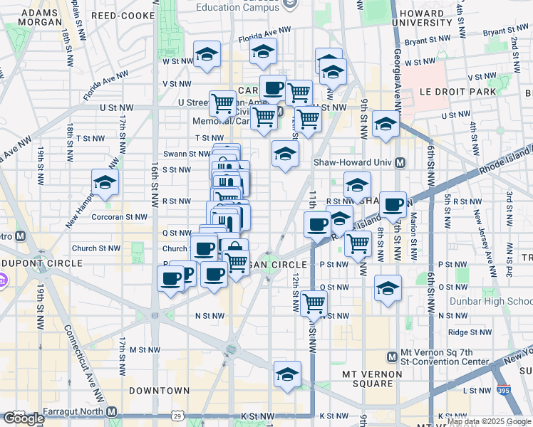 map of restaurants, bars, coffee shops, grocery stores, and more near 1301 Corcoran Street Northwest in Washington