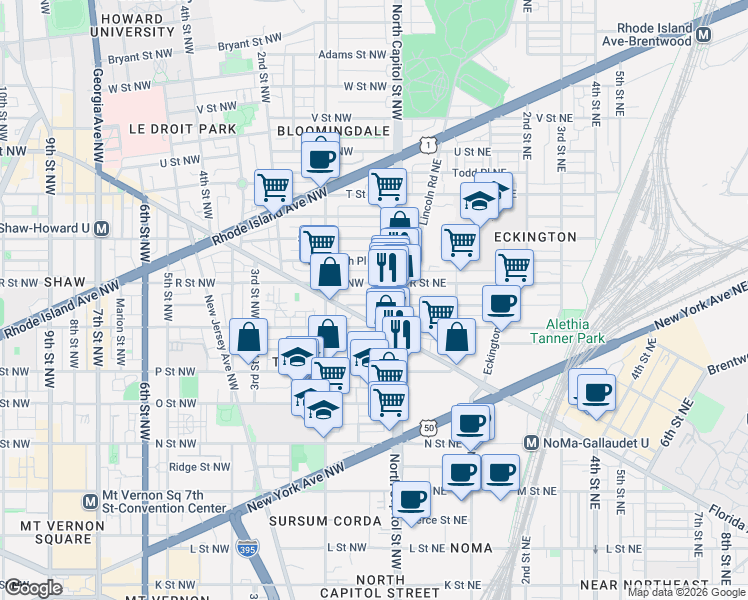 map of restaurants, bars, coffee shops, grocery stores, and more near 101 Independence Avenue Southeast in Washington
