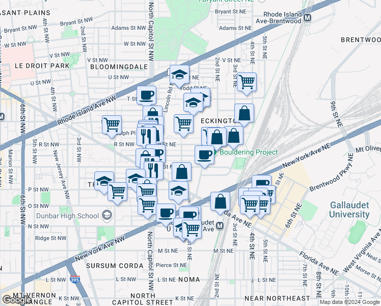 map of restaurants, bars, coffee shops, grocery stores, and more near 118 Quincy Place Northeast in Washington