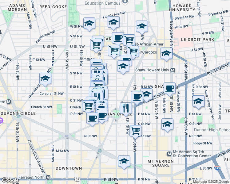 map of restaurants, bars, coffee shops, grocery stores, and more near 1301 Corcoran Street Northwest in Washington