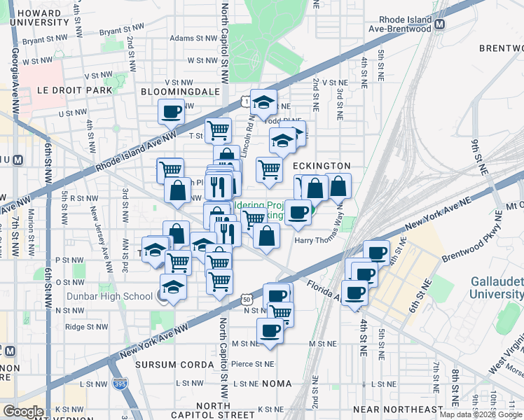 map of restaurants, bars, coffee shops, grocery stores, and more near 101 Independence Avenue Southeast in Washington