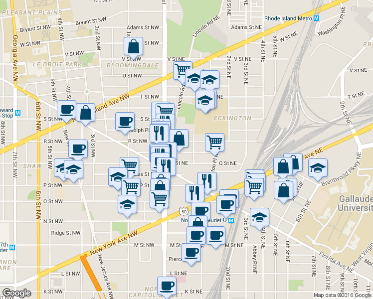 map of restaurants, bars, coffee shops, grocery stores, and more near 46 Quincy Place Northeast in Washington