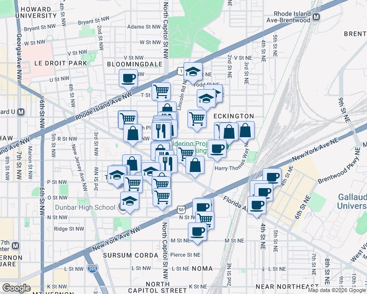 map of restaurants, bars, coffee shops, grocery stores, and more near 101 Independence Avenue Southeast in Washington