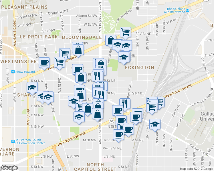map of restaurants, bars, coffee shops, grocery stores, and more near 18 Quincy Place Northeast in Washington