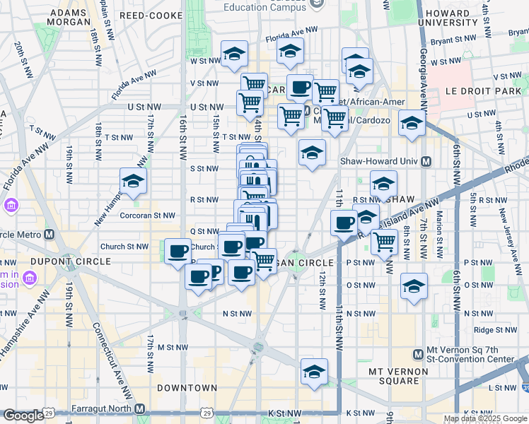 map of restaurants, bars, coffee shops, grocery stores, and more near 1617 14th Street Northwest in Washington