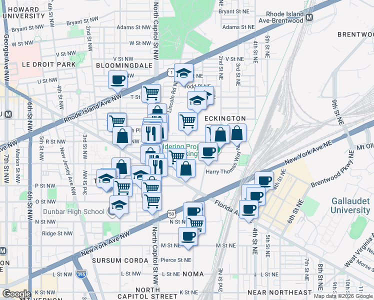 map of restaurants, bars, coffee shops, grocery stores, and more near 101 Independence Avenue Southeast in Washington