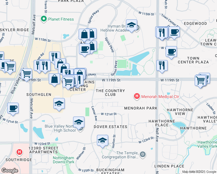map of restaurants, bars, coffee shops, grocery stores, and more near 6101 West 119th Street in Overland Park