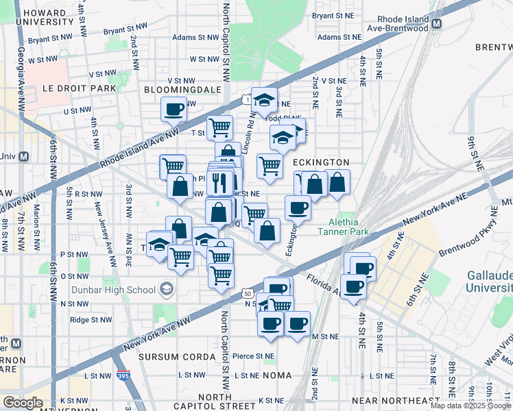 map of restaurants, bars, coffee shops, grocery stores, and more near 46 Quincy Place Northeast in Washington