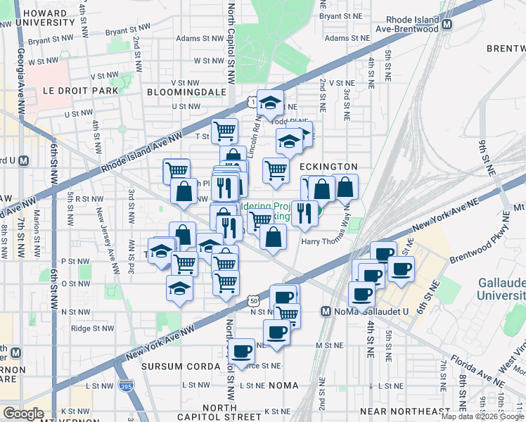 map of restaurants, bars, coffee shops, grocery stores, and more near 101 Independence Avenue Southeast in Washington