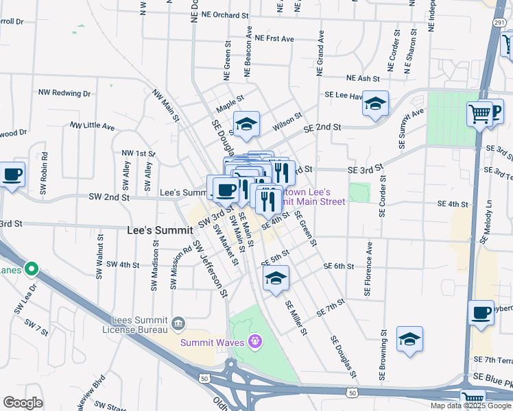 map of restaurants, bars, coffee shops, grocery stores, and more near in Lee's Summit