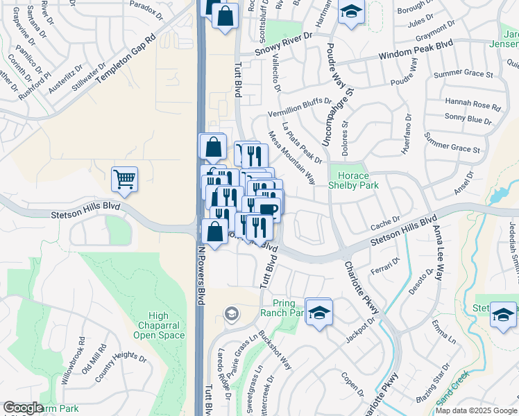 map of restaurants, bars, coffee shops, grocery stores, and more near 6030 Stetson Hills Boulevard in Colorado Springs