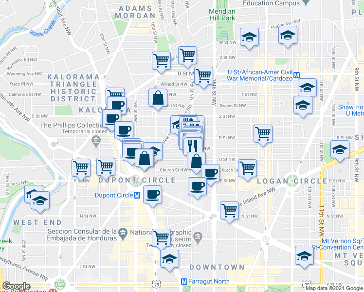 map of restaurants, bars, coffee shops, grocery stores, and more near 1719 Corcoran Street Northwest in Washington