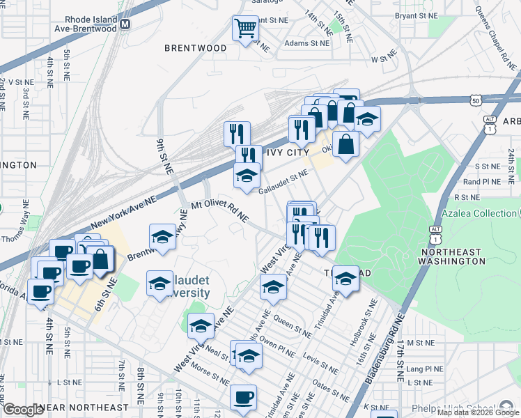 map of restaurants, bars, coffee shops, grocery stores, and more near 1050 Mount Olivet Road Northeast in Washington