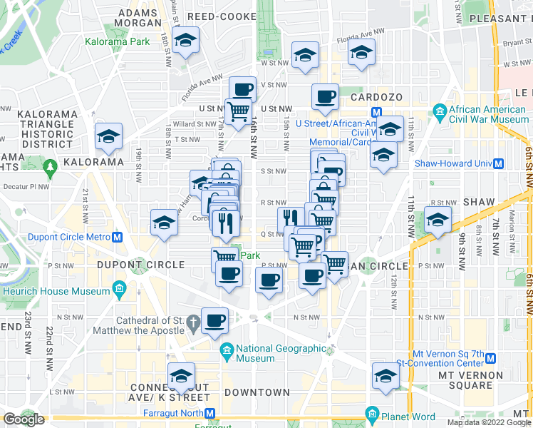 map of restaurants, bars, coffee shops, grocery stores, and more near 1529 Corcoran Street Northwest in Washington