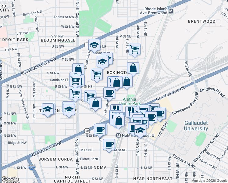 map of restaurants, bars, coffee shops, grocery stores, and more near 101 Independence Avenue Southeast in Washington