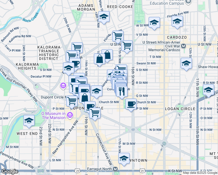 map of restaurants, bars, coffee shops, grocery stores, and more near 1741 Corcoran Street Northwest in Washington
