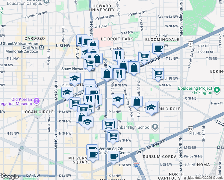 map of restaurants, bars, coffee shops, grocery stores, and more near in Washington