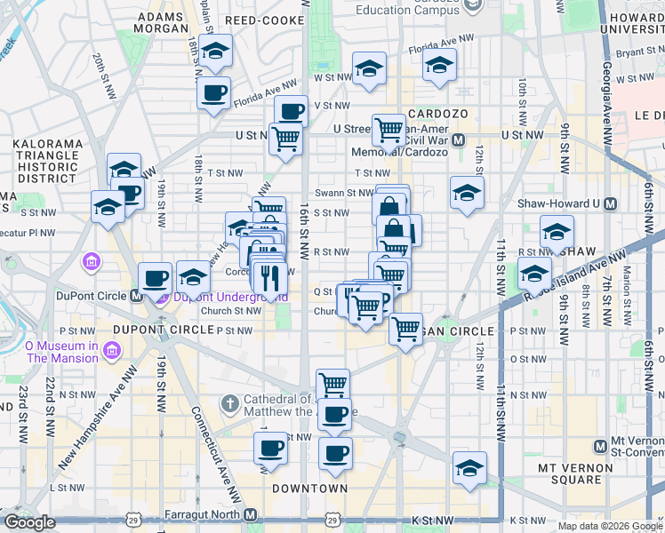 map of restaurants, bars, coffee shops, grocery stores, and more near 1513 Corcoran Street Northwest in Washington
