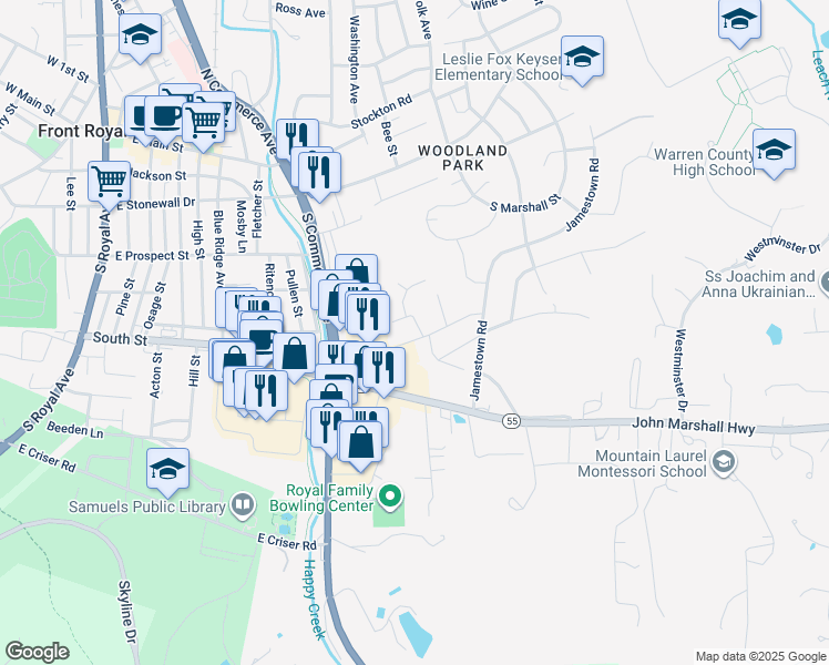 map of restaurants, bars, coffee shops, grocery stores, and more near 3 Beau Lane in Front Royal